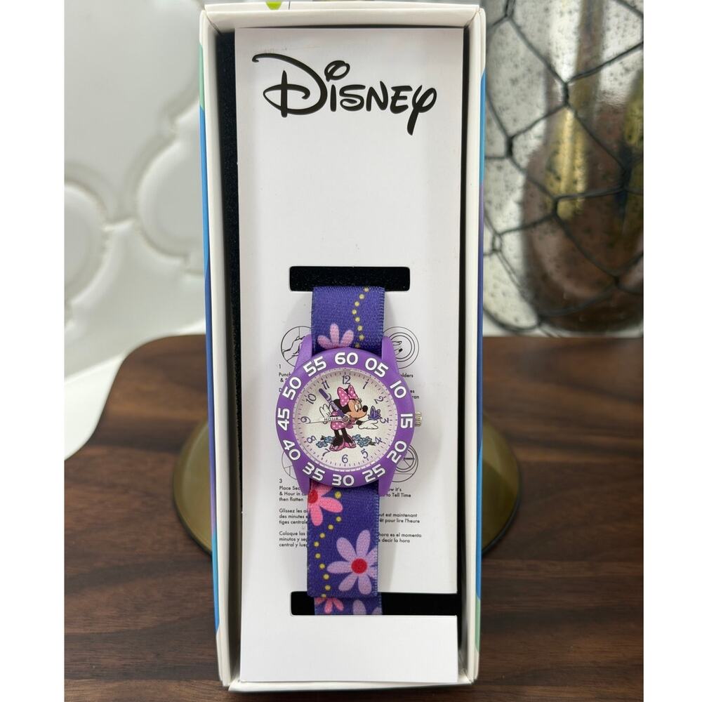 Disney Minnie Mouse Girls Time Teacher Watch Purple Floral Nylon Strap New